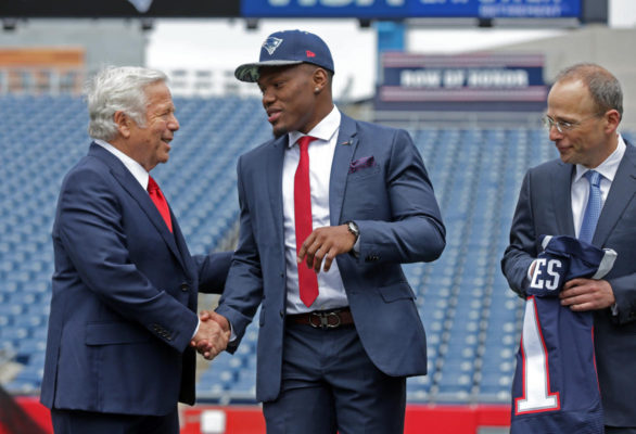 (Foxborough, MA 05/06/16) Cyrus Jones is introduced at Gillette Stadium by Patriots owner Robert Kraft (left) and President Jonathan Kraft on Friday, May 6, 2016. Staff photo by John Wilcox.