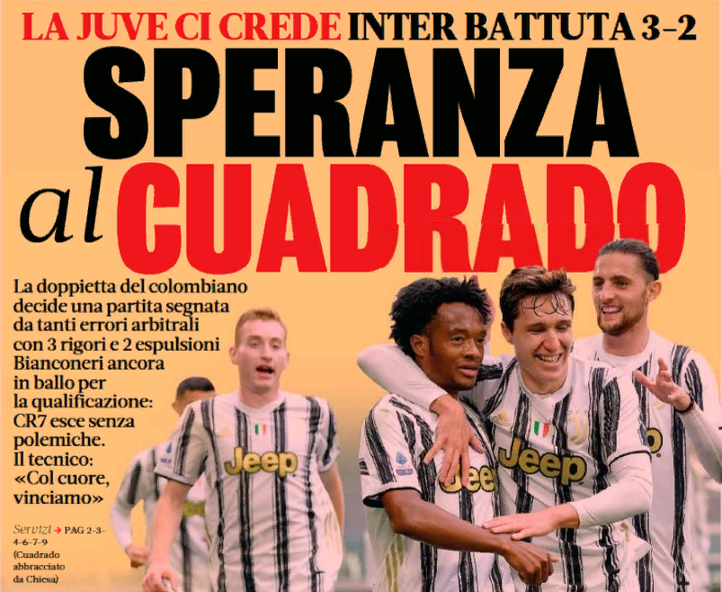 Надежда на Куадрадо. Заголовки Gazzetta, TuttoSport и Corriere за 16 мая