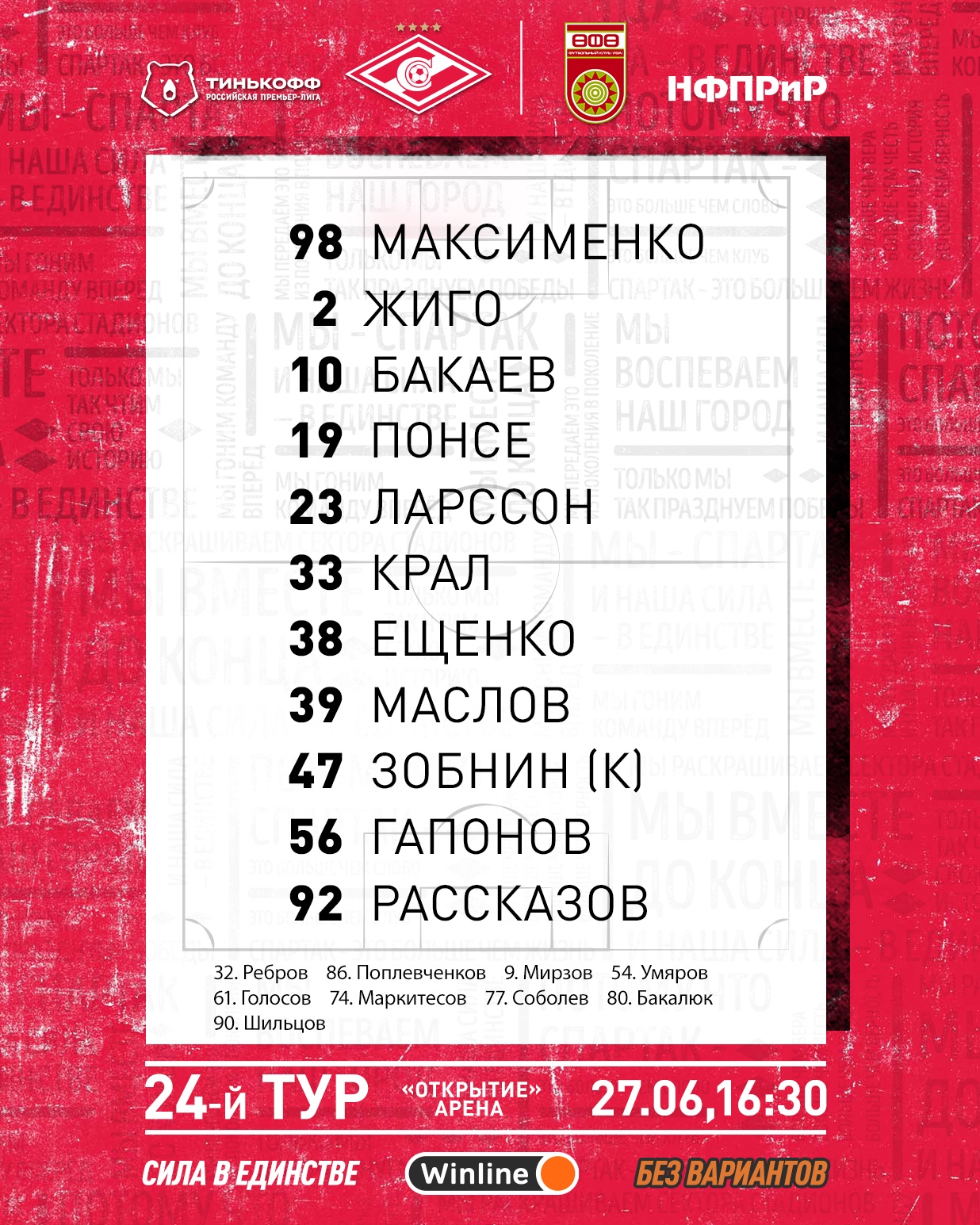 Состав «Спартака» в матче с «Уфой»