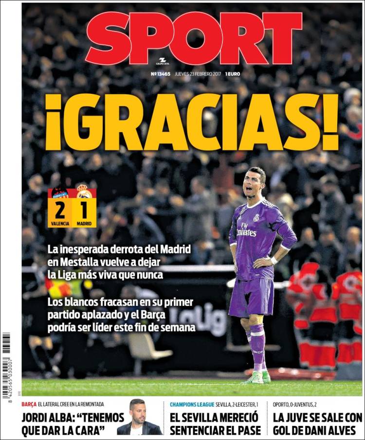 Каталонское издание «Sport» благодарит «Валенсию» за победу над «Реалом»