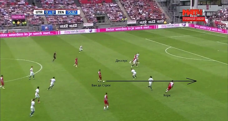 Зенитовцы резко пытаются сесть глубже, однако Керк и Дессерс уже забегают им за спины. Пас следует на голландца, который врывается в отличную зону, откуда следует прострел. Набравшие ход футболисты Утрехта опережают по скорости только стартовавших защитников и спокойно успевают завершить момент.