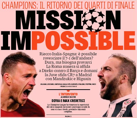 Миссия НеВыполнима. Заголовки Gazzetta, TuttoSport и Corriere за 10 апреля