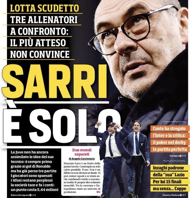 Сарри в одиночестве. Заголовки Gazzetta, TuttoSport и Corriere за 11 февраля