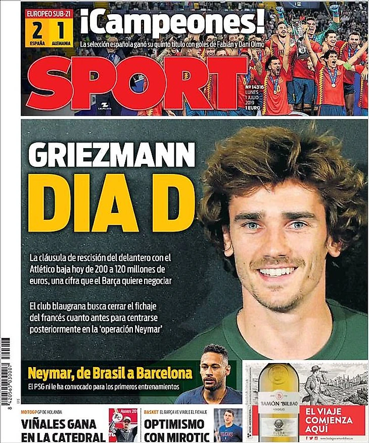'Griezmann D-Day' is the headline splashed across the front page of Sport on Monday