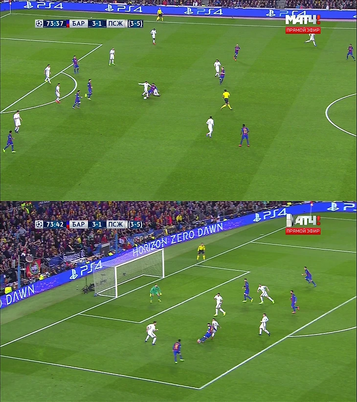 Туран отбирает мяч у Кавани, Месси бьёт мимо ворот