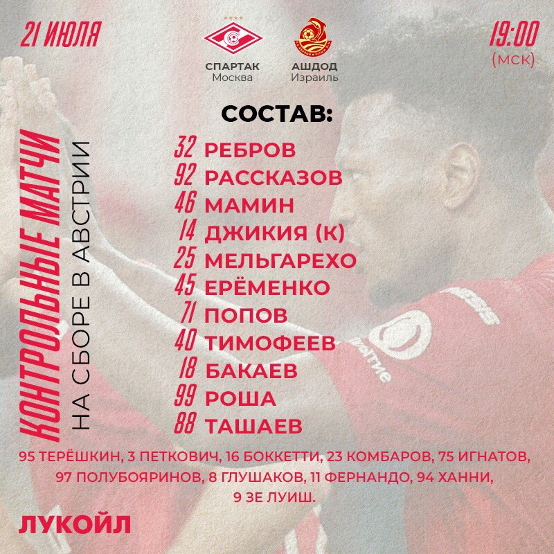 Состав «Спартака» в матче с «Ашдодом»