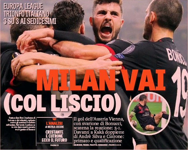 «Милан» проходит (как по маслу). Заголовки Gazzetta, TuttoSport и Corriere за 24 ноября