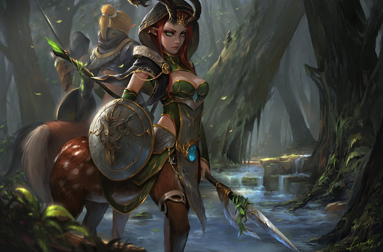 Wallpaper DOTA 2 Spear Shield Horns Enchantress young woman Games