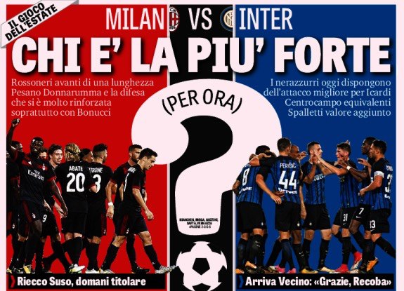 «Милан» Vs «Интер», кто сильнее (на данный момент)?. Заголовки Gazzetta, TuttoSport и Corriere за 2 августа