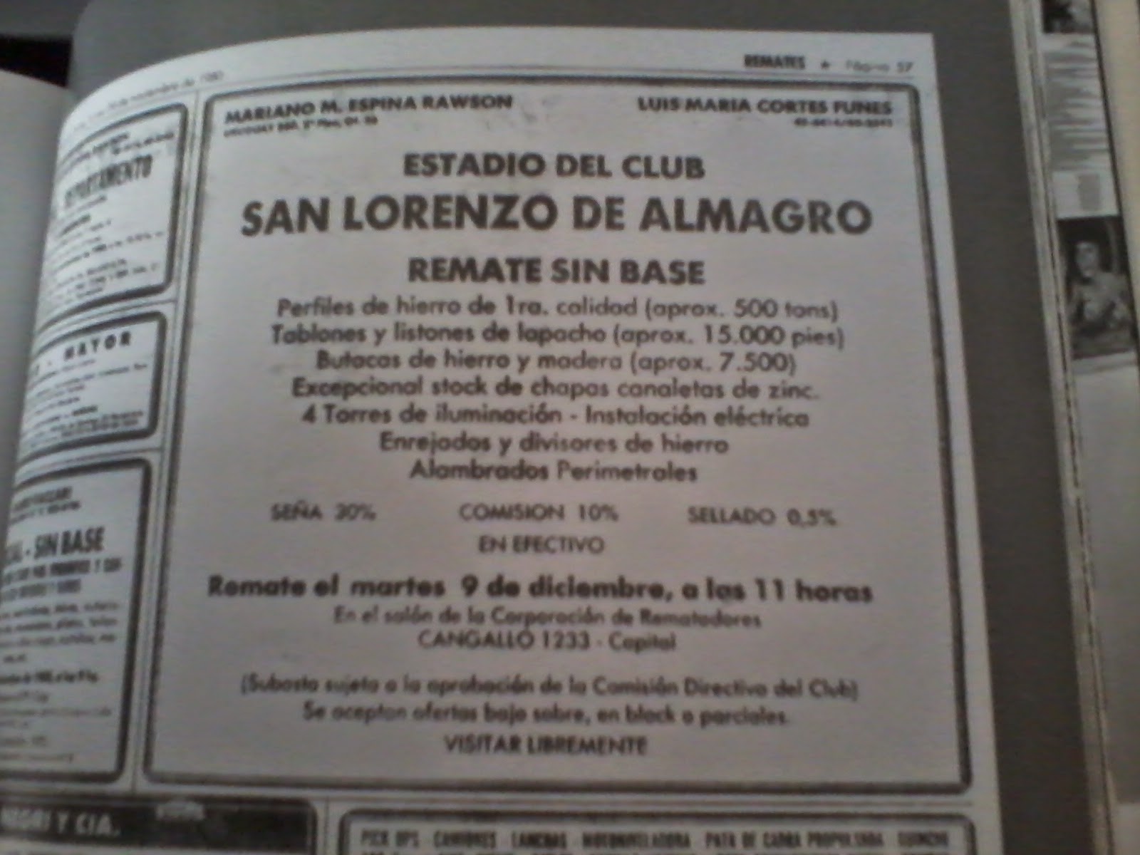 Уведомление об аукционе в газете Clarín (1981г.)