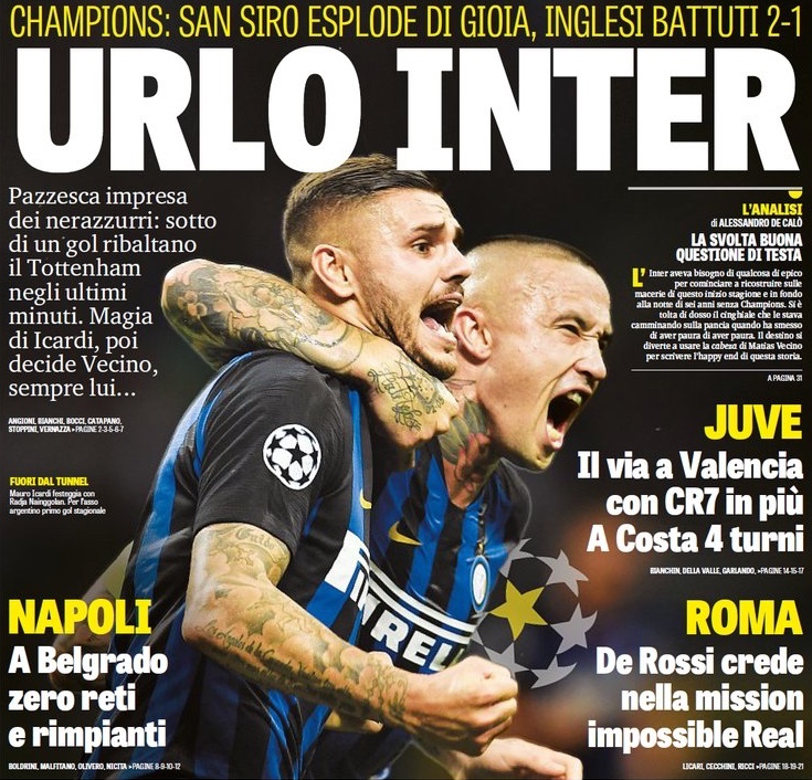 Крик «Интера». Заголовки Gazzetta, TuttoSport и Corriere за 19 сентября