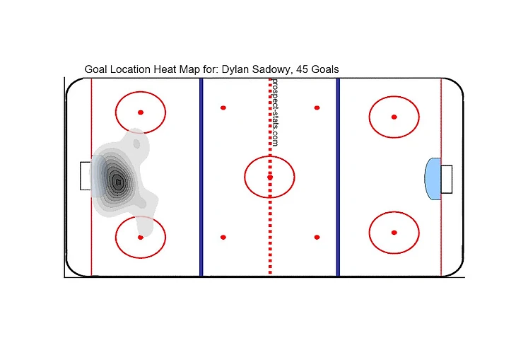 Тепловая карта голевых бросков Дилана Садови. 45 голов.
