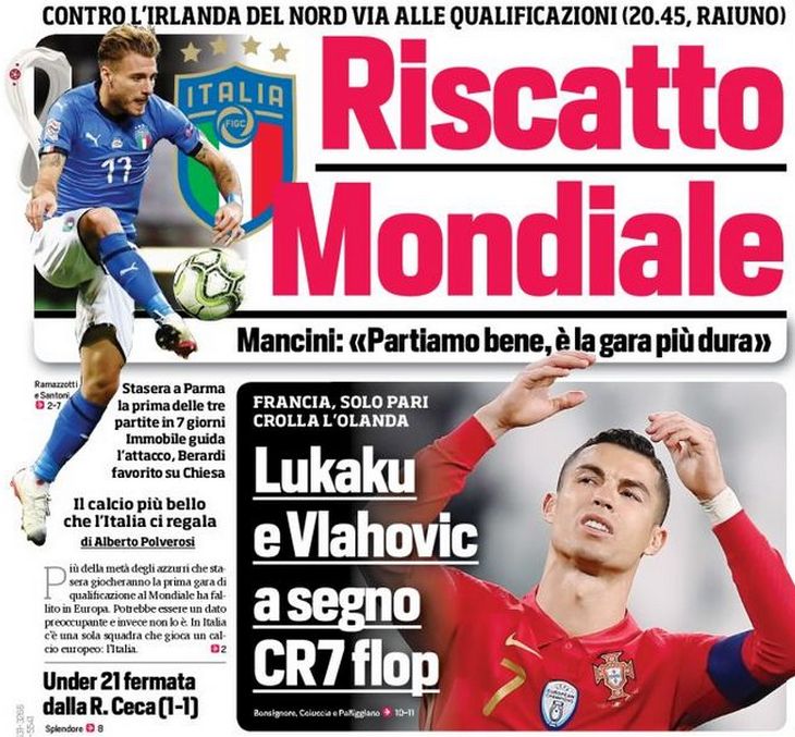Искупление Мундиаля. Заголовки Gazzetta, TuttoSport и Corriere за 25 марта