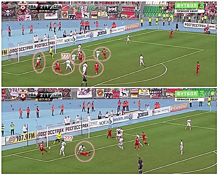 Уфа забивает третий мяч Спартаку