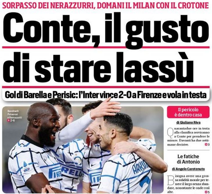 Конте, удовольствие быть там наверху. Заголовки Gazzetta, TuttoSport и Corriere за 6 февраля