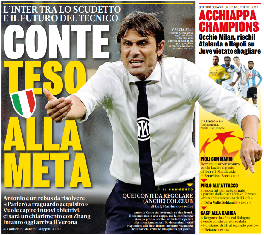 Конте направлен на цель. Заголовки Gazzetta, TuttoSport и Corriere за 25 апреля