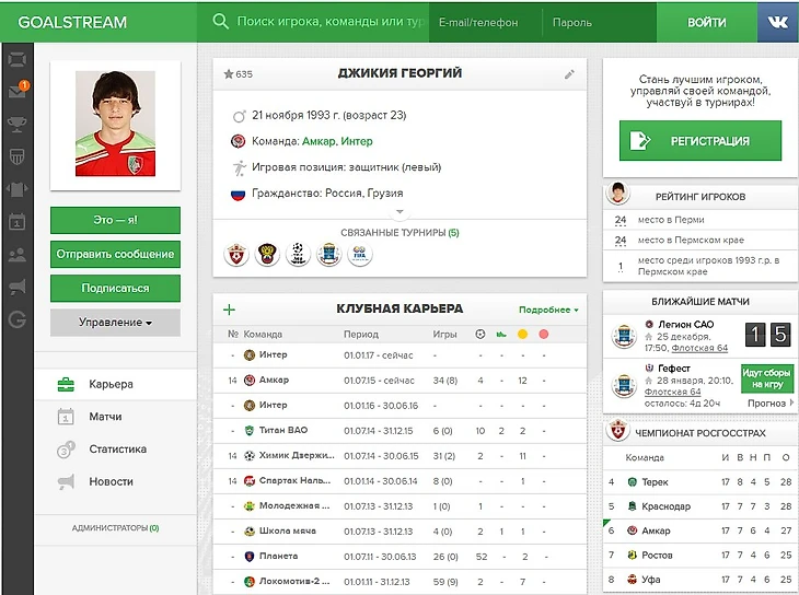 Профиль Джикии на goalstream.org. Посмотрите, сколько клубов из Балашихи он приводил к чемпионству и сколько забил за