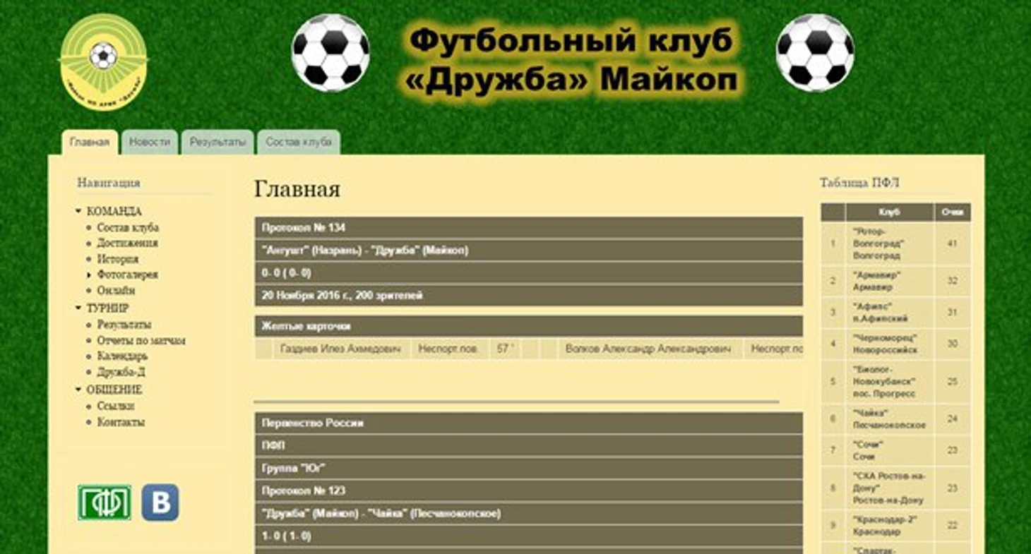 Сайт ФК &quout;Дружба&quout;