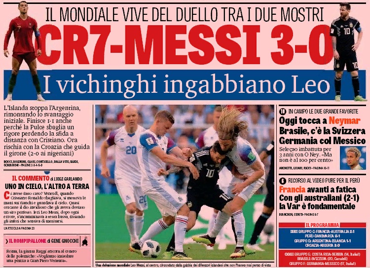 CR7-Месси 3:0. Заголовки Gazzetta, TuttoSport и Corriere за 17 июня