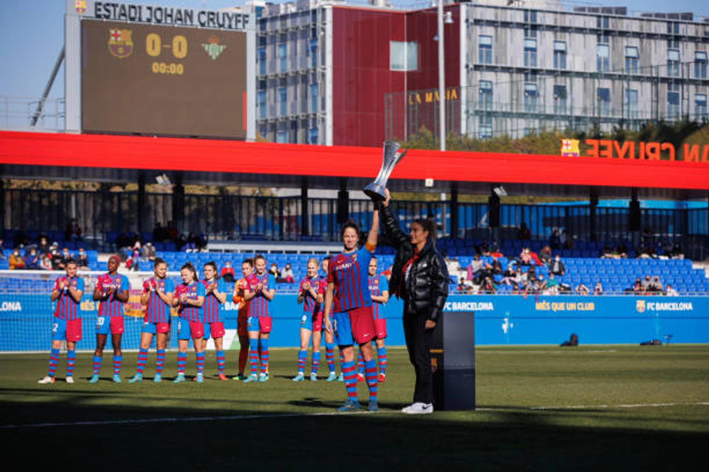 Barcelona players with the Supercup Trophy during the Primera Iberdrola Spain women's national league match between FC Barcelona and Real Betis at...