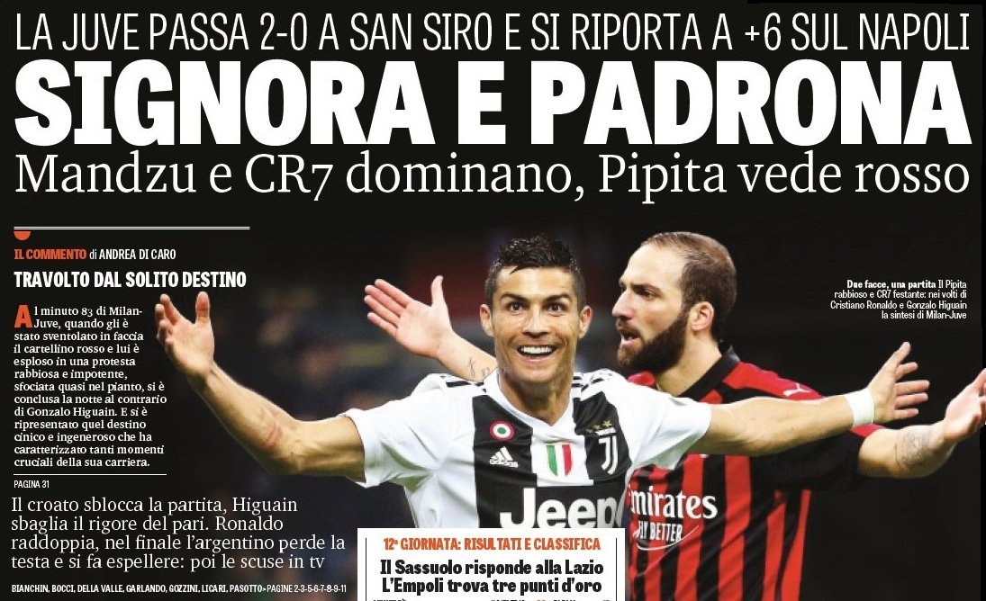 Синьора и хозяйка. Заголовки Gazzetta, TuttoSport и Corriere за 12 ноября