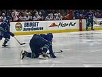 Boeser crawls & scrambles to bench after blocking hard shot with foot