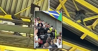 🤯 Безумие в Дортмунде. Помимо молний, на матче Германия - Дания произошел еще один инцидент: неизвестный в маске убегал от вооруженной полиции по стропилам стадиона 😨