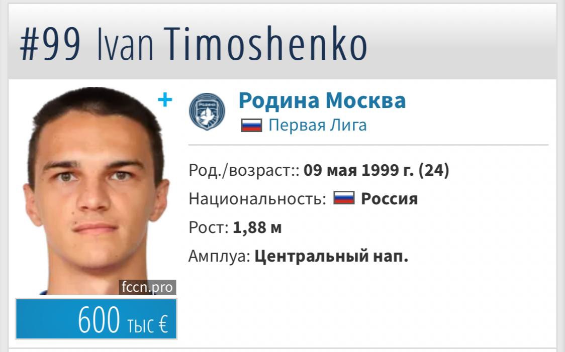 Иван Тимошенко - футболист, нападающий, Родина – 24 года, статистика 2024 и  карьера, результаты матчей, контракт, сколько зарабатывает, новости, видео  на Sports.ru