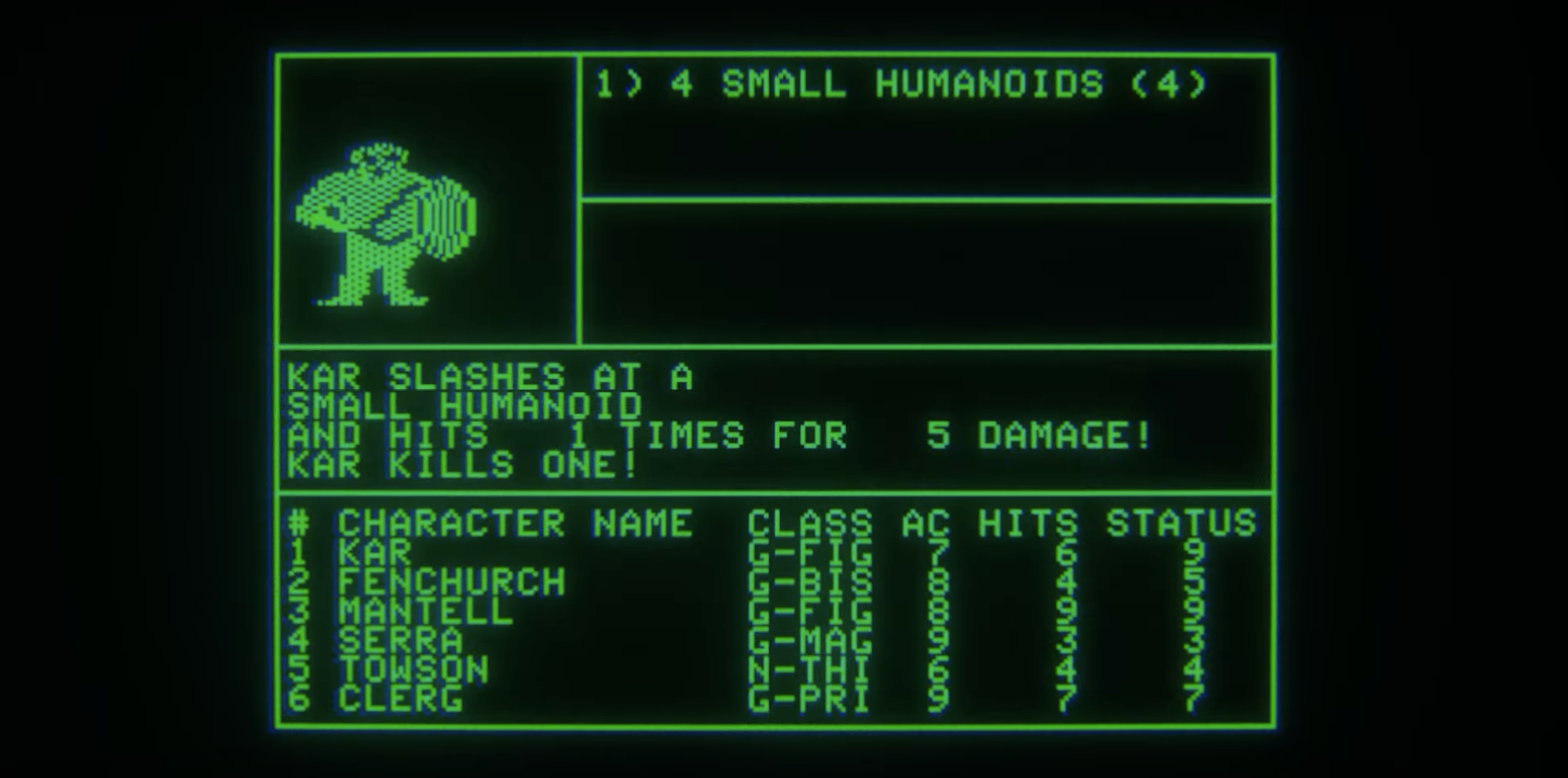 Apple-II-style screen showing Wizardry combat.