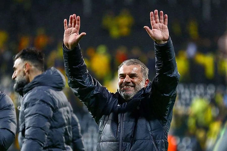 Tottenham Hotspur manager Ange Postecoglou celebrates after the Europa League semi-final second leg against Bodo/Glimt