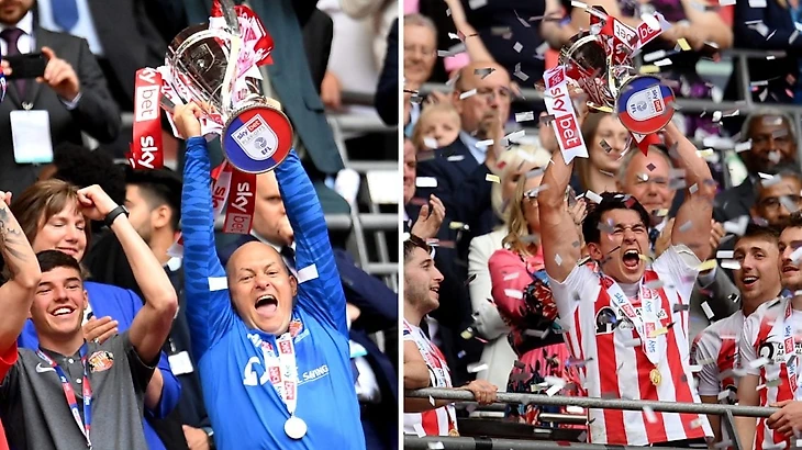 Alex Neil and Luke O'Nien lift League One play-off final trophy