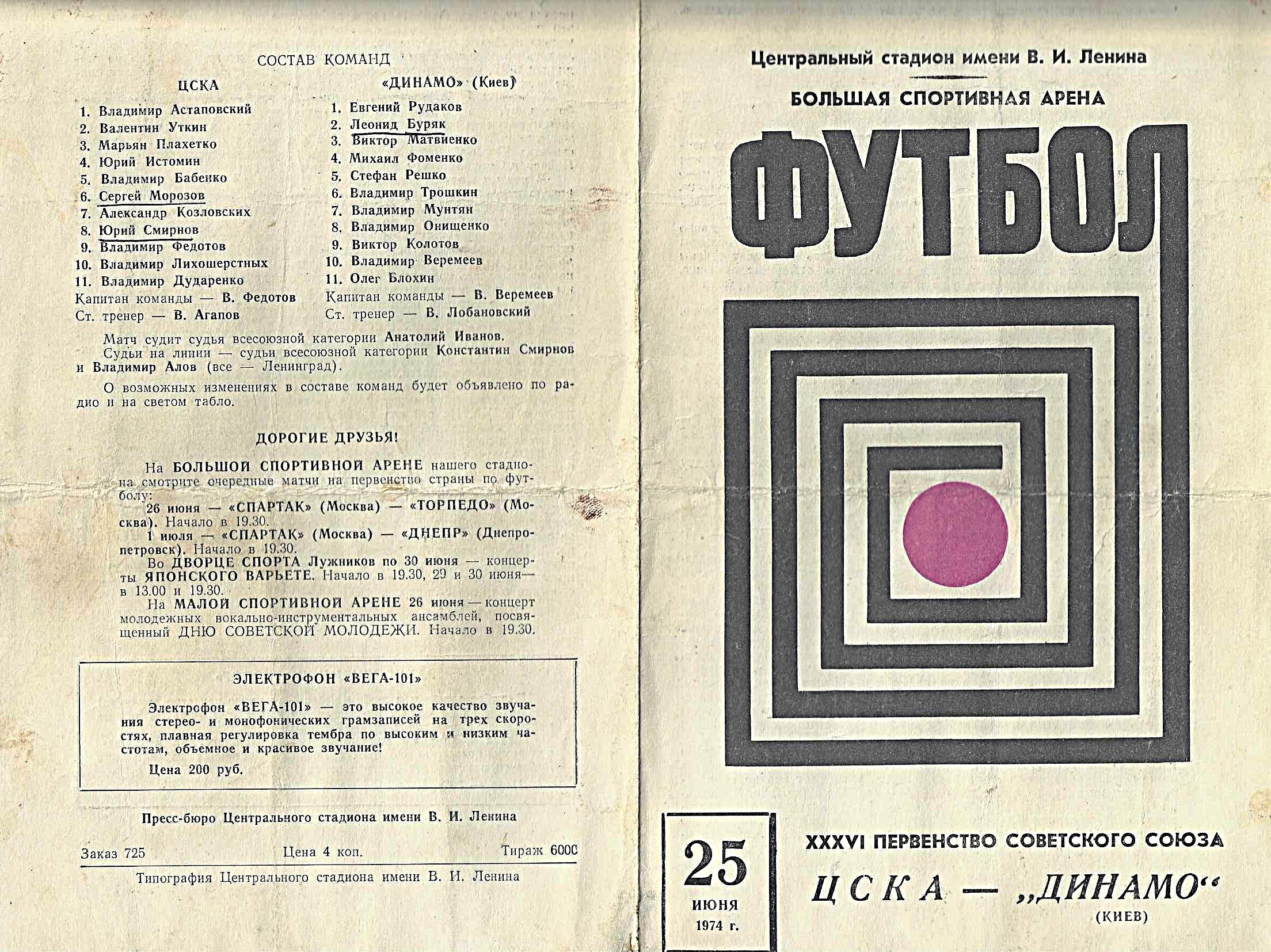 ЦСКА (Москва) - Динамо (Киев). 25 июня 1974 года / Первенство Советского Союза