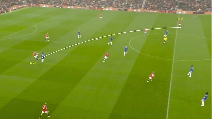 De Ligt pinging a long diag to amad