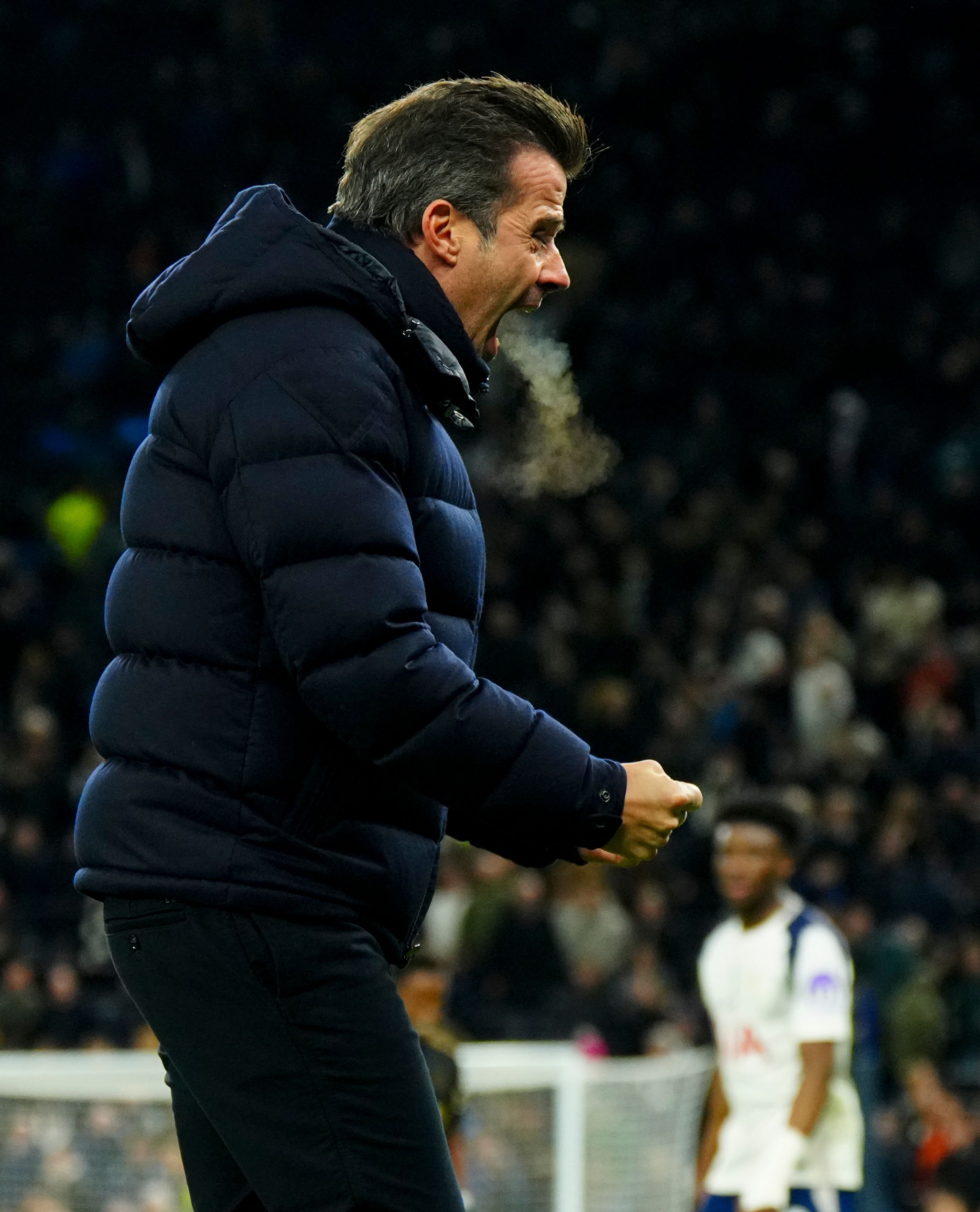 Marco Silva celebrates Fulham's win at Spurs.
