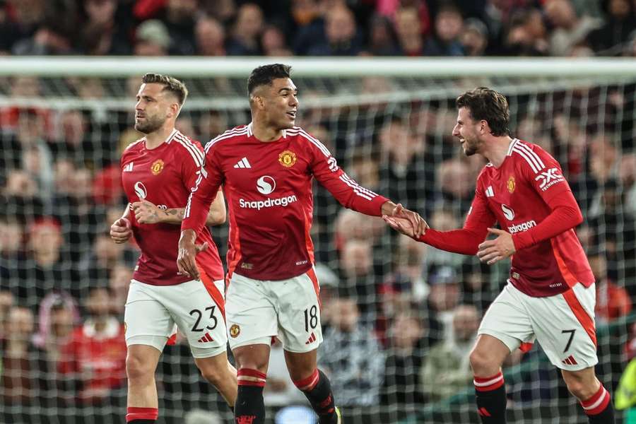 Man United's Casemiro celebrates his goal to make it 2-1 against Athletic Club during the Europa League semi-final second-leg