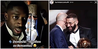 🎥 Дембеле подколол Бензема после победы на «ЗМ». Карим очень любит напоминать о свое награде 😁