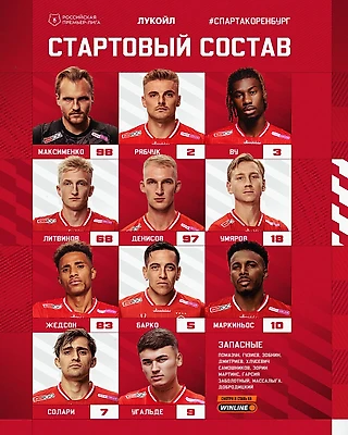⚡️Стартовый состав московского «Спартака» на матч против «Оренбурга»