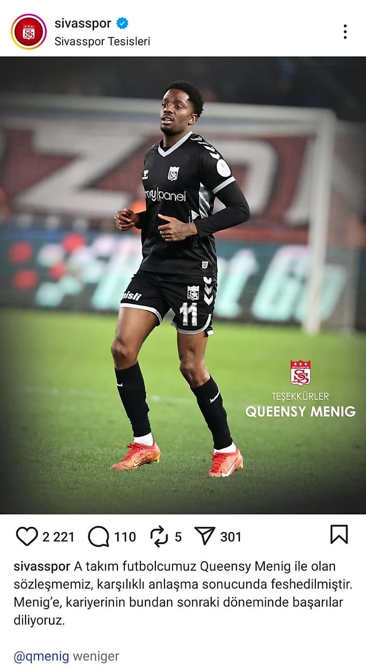 r/Eredivisie - Sivasspor and Queensy Menig agree on ending the contract