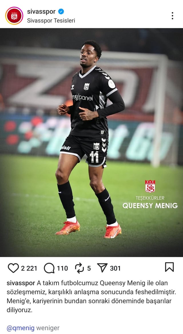 r/Eredivisie - Sivasspor and Queensy Menig agree on ending the contract