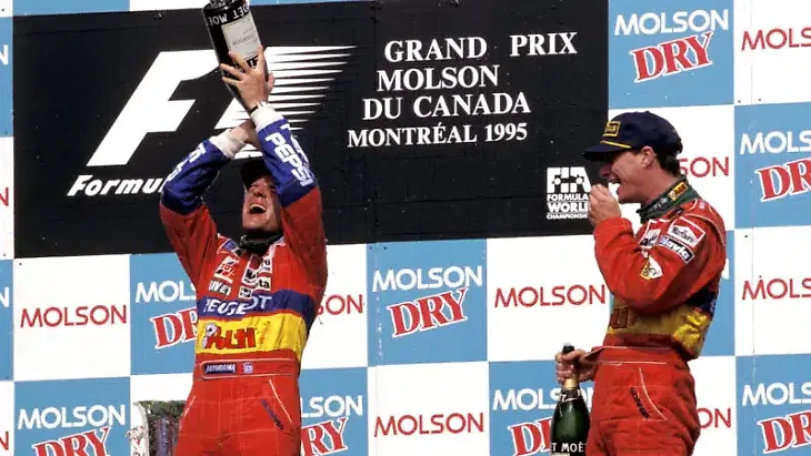 Rubens Barrichello and Eddie Irvine celebrate after double Jordan GP finish at the 1995 Canadian Grand Prix