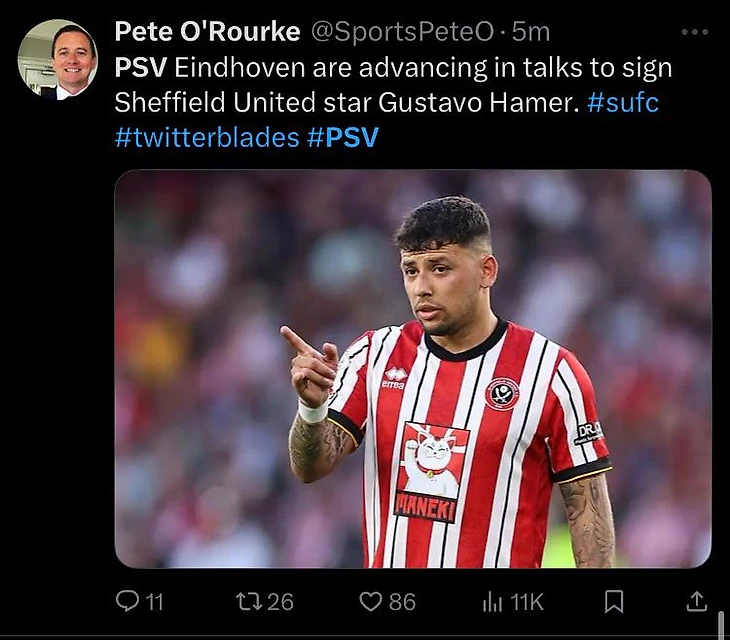 r/Eredivisie - Pete O'Rourke Sm PSV Eindhoven are advancing in talks to sign Sheffield United star Gustavo Hamer. 011 126 86 Il T1K MNER