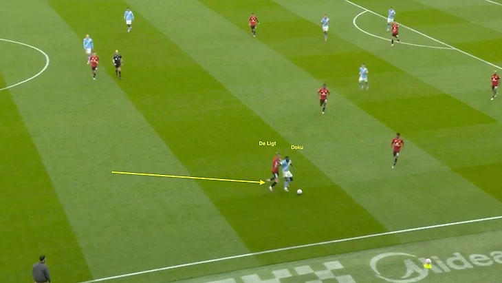 De light closing down on Doku who is back to goal