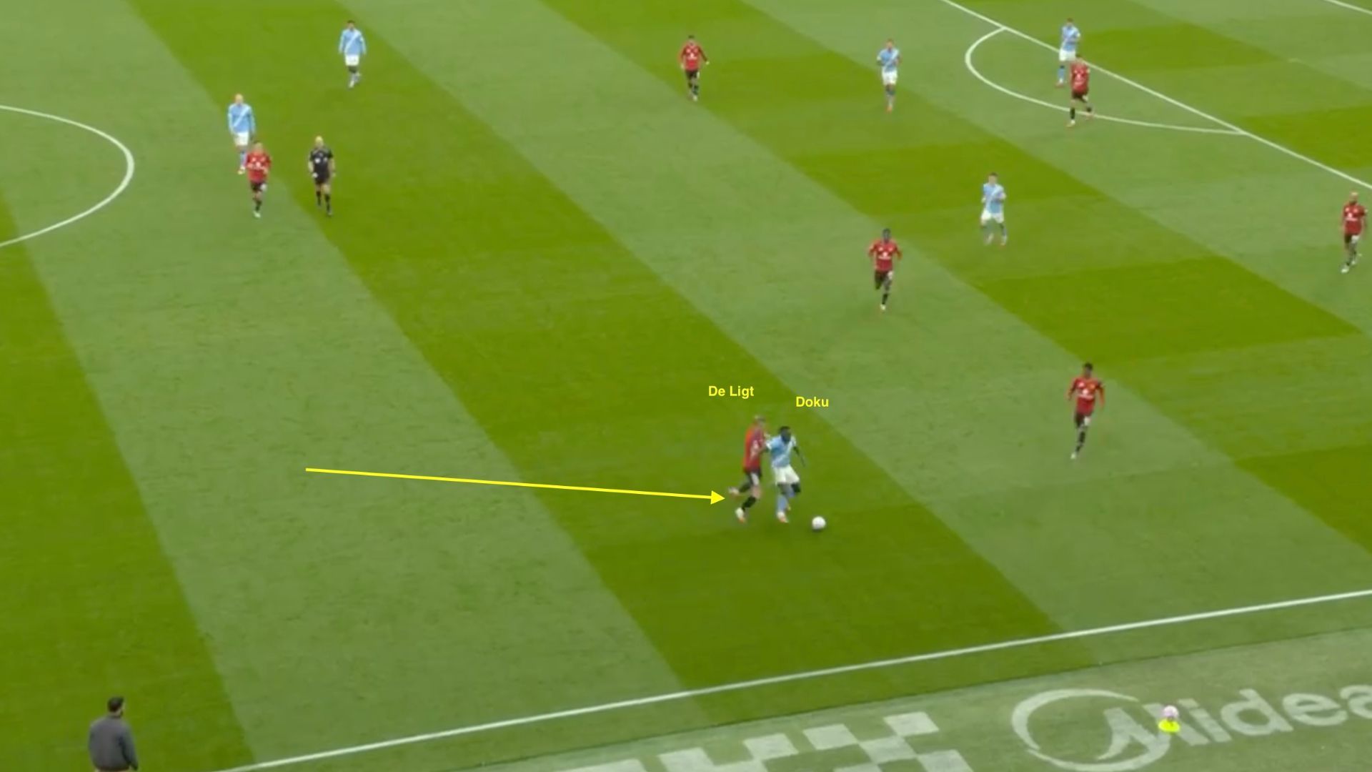 De light closing down on Doku who is back to goal